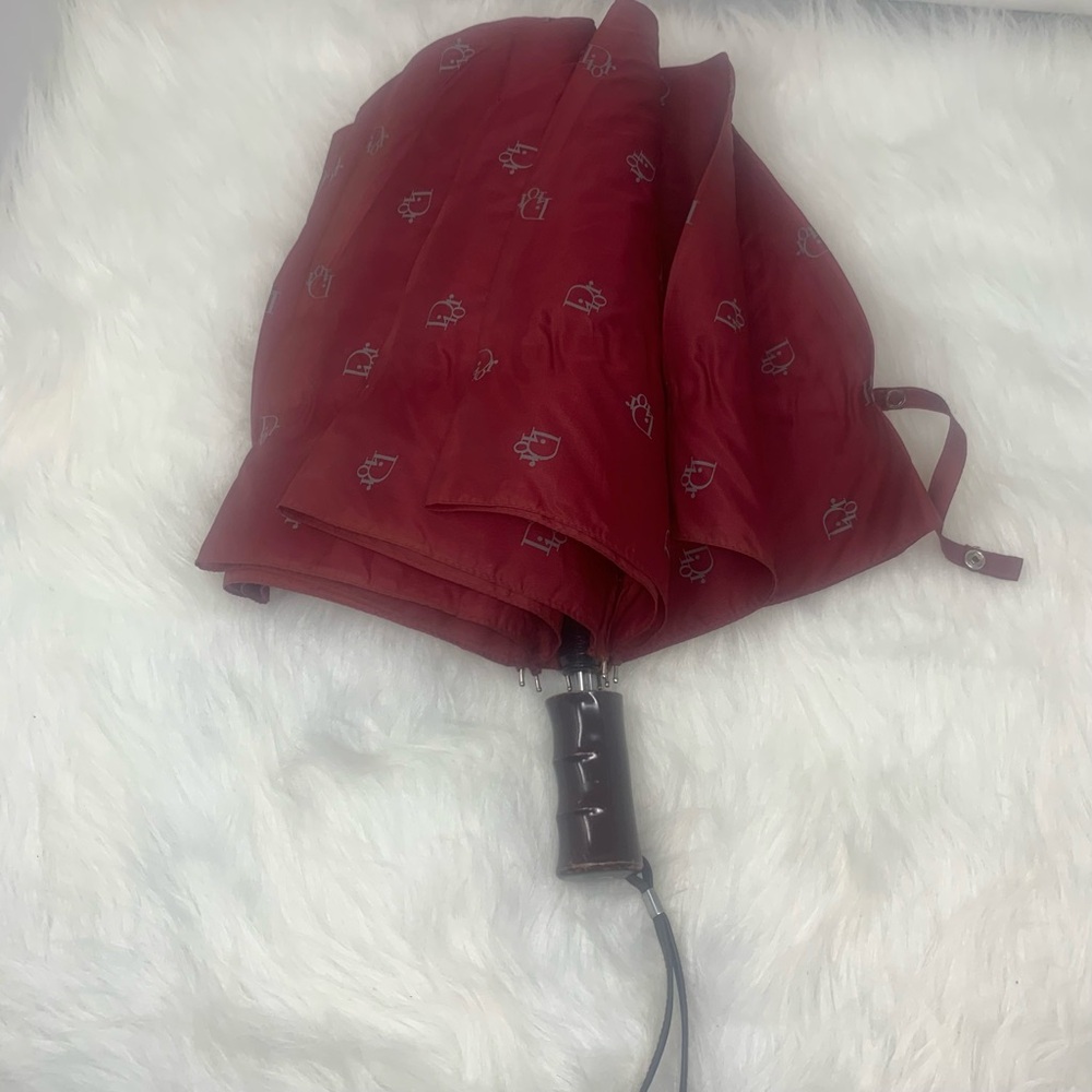 Christian Dior Logo Folding Umbrella Burgundy Vintage Parapluie Quiet Luxury Y2k - Picture 9 of 10
